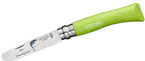 OPINEL Kindermesser, Buchenholz, grün, Delfinmotiv, mit Namensgravur