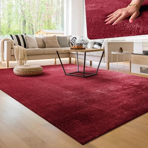 Paco Home Moderner Kuscheliger Wohnzimmer Teppich Kurzflor waschbar flauschig Weich Einfarbig Felloptik zeitlos stilvoll rutschfest pflegeleicht, Farbe:Rot, Größe:120x160 cm