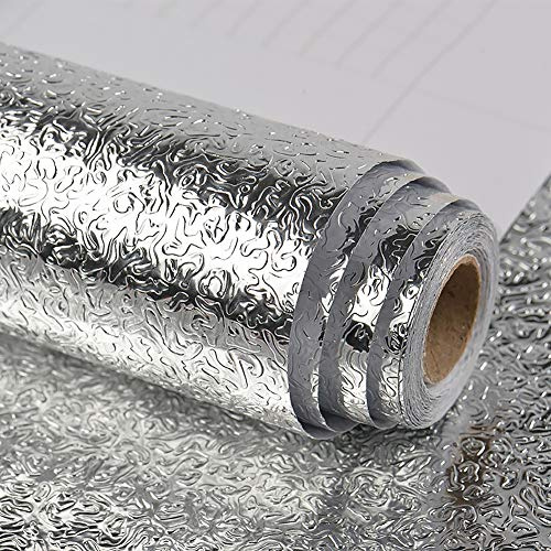 VEELIKE Kökstapet, skala av och klistra fast, klibbig baksida, plast, aluminiumfolie, kontaktpapper, självhäftande oljesäkert väggpapper för bänkskiva, låda, hylla, skåp, baksida, stänk, 40 cm x 600 cm