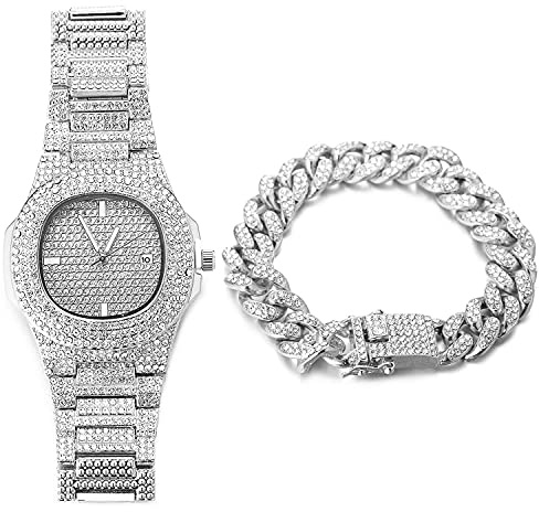 Halukakah Diamant Vergoldete Uhr,Herren 18 Karat Echt Vergoldet/Platin Weißgold Plattiert Quarzarmband 24cm,mit Kubanischer Kette 20cm Armband + 45cm Halskette,Labordiamants,KOSTENLOSE Geschenkbox