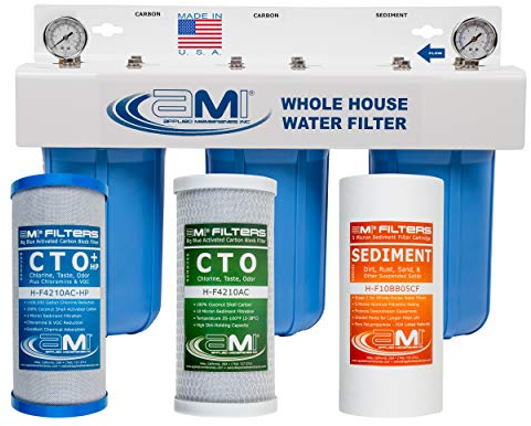 Membrane appliquée avec système de filtre à eau en 3 étapes pour toute la maison avec filtres à sédiments bleus et blocs de charbon de 25,4 cm | Élimine les sédiments, le chlore, la chloramine, les