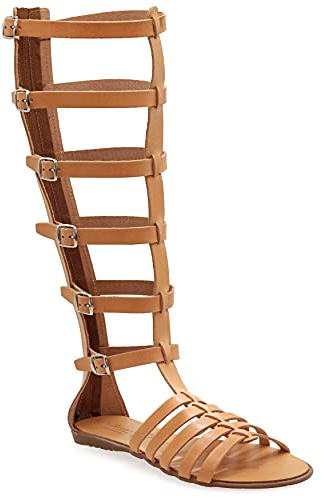 Emmanuela Sandalias Gladiador de Piel Hechas a Mano en Piel, Hasta la Rodilla con Cremallera en la Parte Superior, Zapatos Planos de Verano con Tirantes para Mujer, Beige, 39