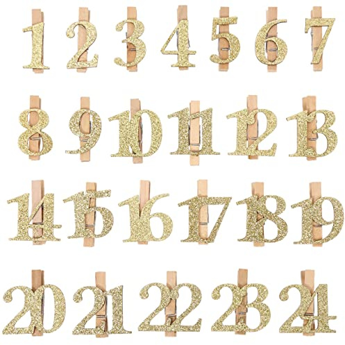 Papierdrachen 24 Holzklammern mit Glitzerzahlen - Gold - funkelnde Deko für deinen Adventskalender 2025 - Weihnachtsdeko für Kinder & Erwachsene
