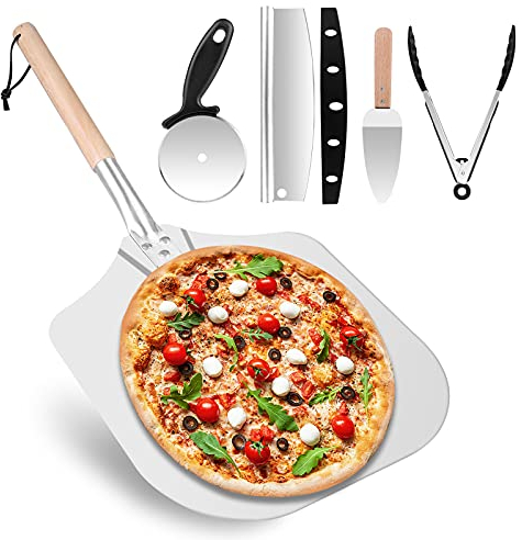 Sinbury Pizza Peel Tools Set, 5 PCS Pizza Making Tool Kit, Including 12 Inch Pizza Paddle, Rocker Cutter, Spatula, Cutter, Food Clip,
