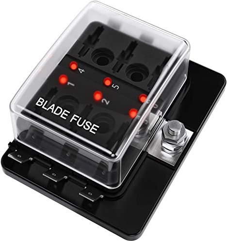 Flachsicherungskasten Halter 6-Fach DC 12-32V mit LED-Warnlicht | Sicherungsblock, Schutzabdeckung, Für Automobil-Auto-Boot-Marine-Trike, Mit ausführlicher Bedienungsanleitung