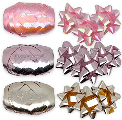 Set Ringelband Polyband Geschenk-Band Geschenkschleifen zum Basteln und Verpacken - glänzend & matt sortiert (rosa - bronze - violett, 3 Rollen Geschenkband + 9 Geschenkschleifen)