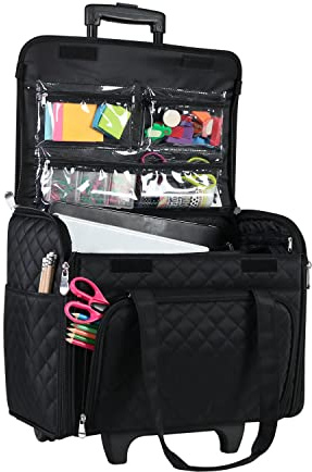 Everything Mary Teacher Rolling Tote, Black Quilted - Wheeled Teacher Tote Bag - Trolly for Teaching, Office, Craft, & Cleaning Supplies