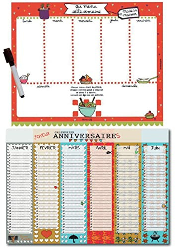 Calendrier Anniversaires Perpétuel + Semainier Aimanté Menu de la Semaine à Remplir pour la Famille