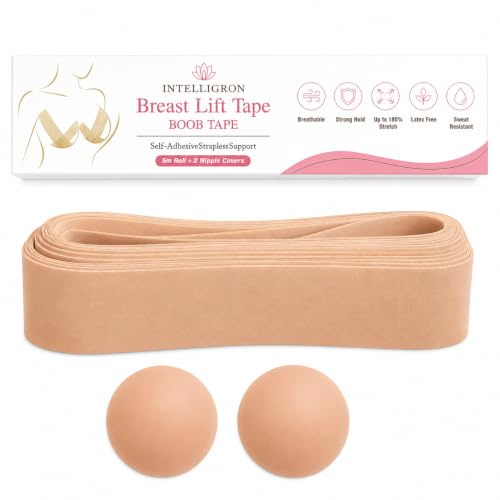 INTELLIGRON Boob Tape for Large Breasts, Breast Lift Tape with 2 Nipple Covers, Self-Adhesive Strapless Body Tape, 5M Stretchable Roll