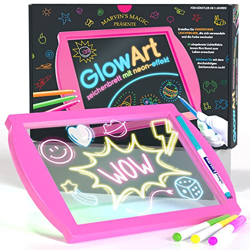 Marvin's Magic - Neon-Glühen Bastelset - Kinder-Kunst-Set - inkl. Neon-Effekt-Zeichentafel mit integriertem Ständer und 4 fluoreszierenden Zauberstiften - Pink