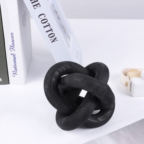 Large Wood Knot Decor, 3-Link Wood Chain Link Decor, Hand Carved Decorative Boho Wooden Knot for Coffee Table, Entryway Modern Farmhouse Shelf Decor Craft Ornaments for Living Room Office (Black)