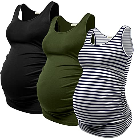 PARNIXS Sommer Damen Umstands-Tanktop, Schwangerschafts-Top, bequem, ärmellos, Umstandskleidung (3-teilig), Schwarz/Armeegrün/Streifen 01, Klein