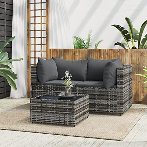 Festnight Muebles de Jardín 3 Piezas de Ratán,Muebles Terraza Exterior Pequeña, Sofa de Terraza, Sofá de Esquina para Jardín, Sofá Jardín de Ratán de 3 Plaza con Cojines Gris#2