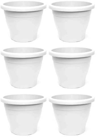 Acan Tradineur Lot de 6 pots de fleurs ronds en plastique pour plantes et fleurs méditerranéennes avec trous inférieurs - Récipient pour extérieur et intérieur - Blanc - 30 cm