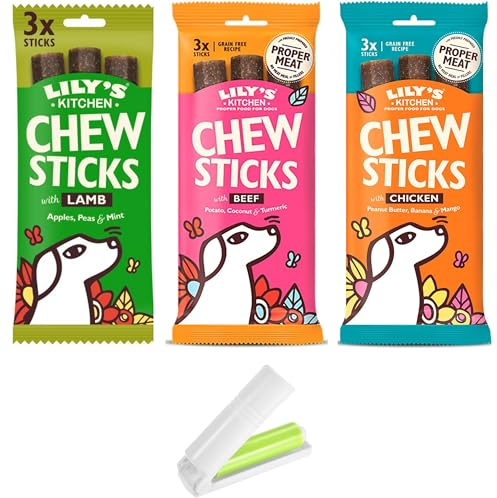 Dog Chew Sticks Bundle with L.Kitchen Grain Free Natural Dental Dog Treats Chicken,Lamb, Beef - Pack of 3x120gram (Total of 9 Chews) plus UbiPet Lint Roller