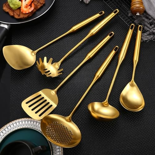 Stoviglie da cucina, utensili da cucina dorati, cucchiaio in acciaio inossidabile, zuppa, pala, spatola dorata, set di utensili da cucina (#2)