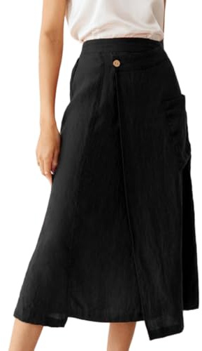 IDEALSANXUN Leinenröcke für Damen, Sommer, lässig, Baumwolle, A-Linie, elastisch, hohe Taille, Midi-Röcke mit Taschen, Schwarz, Groß