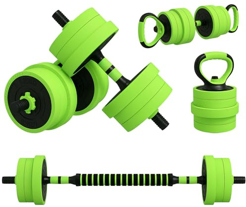 SPORTNOW 6-in-1 Adjustable Weight Dumbbells Set, Used as Barbell, Kettlebell, Push up Stand, Free Weights Set for Men and Women Home Gym Training, 20KG, Green