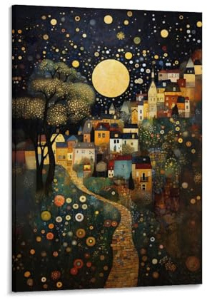 Gustav Klimt Mond Nacht Himmel Landschaft Florale Wandkunst Pflanzen Poster für Wanddekoration Leinwand Wandkunst für Wohnzimmerdekoration 30x45cm (12x18 Zoll)