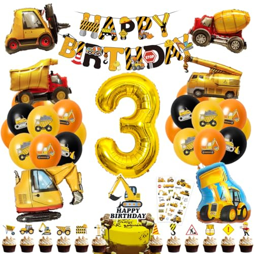 Cadimus Bagger Deko Kindergeburtstag 3, Geburtstagsdeko Junge, Baustelle Geburtstag Mit Happy Birthday Banner, Folienballons 3 Jahre alt und Kuchen Deko
