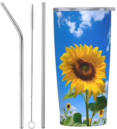 VOSERY Botella de agua de 20 onzas con tapa y popote, vaso aislado de acero inoxidable con diseño de girasol de cielo azul, taza de café de viaje, vaso personalizado