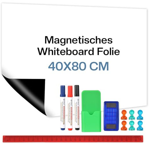 Luxoraiova Pellicola magnetica per lavagna bianca, 80 x 40 cm, autoadesiva, per lavagna bianca, lavabile, per lavagna bianca, per fai da te, con pennarello, spugna e magneti, per scuola, ufficio e