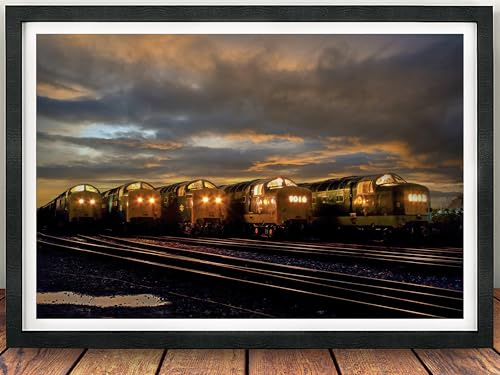 Deltics Locomotives Railway Gifts, Framed Print. Deltic 55022, 55019, 55002, D9016 and D9009 Line Up, Railwayana, Train, English Electric, Picture, Poster, British Rail (Black, 43cm x 33cm, Framed)