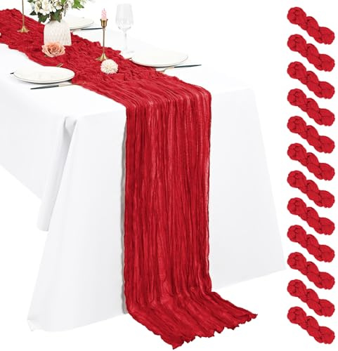 Lot de 12 Chemins de Table en étamine Chemin de Table Bohème en Gaze de 55 x 300 cm, Chemin de Table Rustique et Romantique pour fête de Mariage Thanksgiving décoration de Noël (Rouge)
