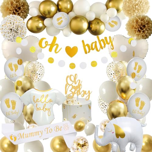 Babyparty Deko Mädchen Junge,Neutral Baby Shower Deko mit Weiße Gold Luftballoons,Oh Baby Banner,Papierbommel,Mommy to Be Schärpe für Gender Reveal Party Dekoration Baby Dusche Deko