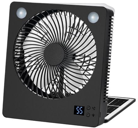 Solar Powered Fan, Cooling Fan, 7.2x2.36x8.19 Inches, Camping Fans, Rechargeable, Foldable and Quiet 3 Speed Camp Gadget with LED Lights, Ideal for Home, Tent, Beach, White/Black
