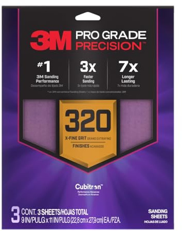 3M Pro Grade Precision Sanding Sheets with No-Slip Grip, 9 x 11 in, 320 Grit, 3-Pack (SHR320-PGP-3T)