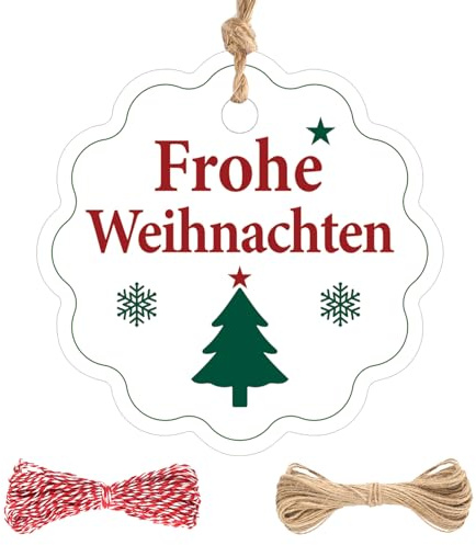 jijAcraft Frohe Weihnachten Geschenkanhänger Rund Blume: Weiß 6cm Weihnachtsanhänger für Geschenke 100 Stück Frohe Weihnachten Papieretiketten Tags mit Schnur für Weihnachtsbaum Party Dekoration