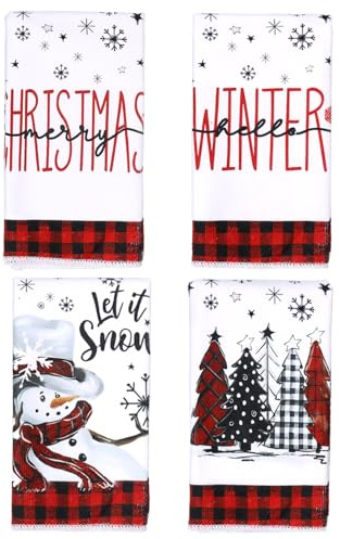 Meleager Geschirrtücher Weihnachten, 4 Stück Weihnachts Küchentücher, Weihnachtstisch Handtuch(Weiß Rot), 60CM*40CM, Weihnachtsdeko Küchen Zubehör, Christmas Tischdeko, für Weihnachtstisch