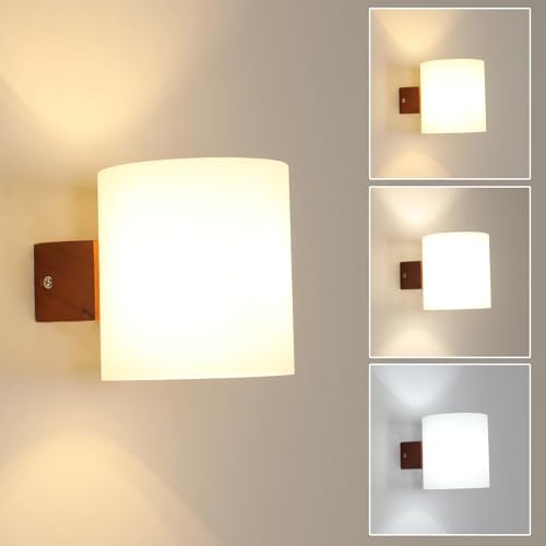 Mckalen 12W E27 Applique da Parete Interno in Legno con 3 Tricolore Marrone | Lampada da Parete E27 con Paralume in Vetro, Vintage Lampada a Muro per Soggiorno Camera da Letto Cucina Scale Corridoio