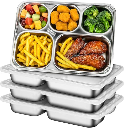 HFZCV 4 Stück Bento Snackbox mit Fächern, 5 Fächer Edelstahl Lunchable Snack-Behälter, Wiederverwendbare Metall Brotdosen für Schule, Zuhause, Reisen, Camping und Party