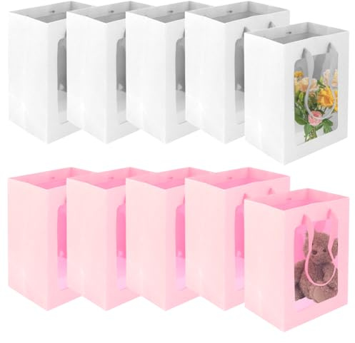 10 Stück Weiß und Rosa Geschenktüte mit Fenster, 15x10x20cm Geschenktaschen