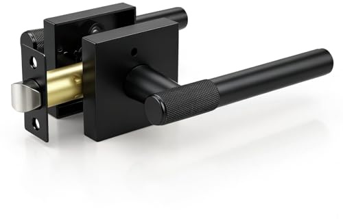 KNOBWELL 1 Pack Door Handle Matte Black Finish, Modern Knurled Design Door Knob,Interior Privacy Lock for Left Right Sided Doors, Bedroom Bathroomn Silent Door Handles with Push Button Locking