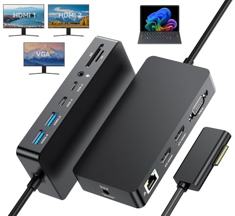 Surface Docking Station, 12-in-1 Triple Displays (VGA + Dual HDMI), Surface Dock für Microsoft Surface Pro 11/10/9/8/X/7/6/5/4/3, Surface Book, Surface Laptop, Surface Go Dock