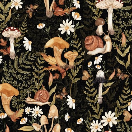 ANLIKY-Pro Papier Peint Adhésif Forêt Rétro Champignons Fleurs Blanches Fond Vert Foncé 44x600cm,Aquarelle Bohème,Décoration Murale Salon Chambre Cuisine Salle de Bain,Rénovation Meuble,DIY