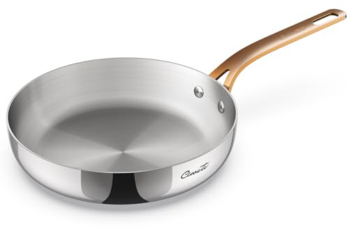ciwete 9.5 Inch Frying Pan, Upgraded Tri-Ply Stainless Steel Skillet, Stay-Cool Brass Handle, Polished Stainless Steel Pan for Easy Clean, Oven and Dishwasher Safe, Induction & All Stove Compatible