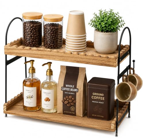 SMRONAR Organizador de café, 2 niveles de madera, organizador de accesorios de barra de café, organizador de accesorios con 4 ganchos, estante de barra de café, estante de cocina para cocina, hogar