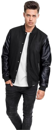 Urban Classics Herren Jacke Oldschool College Jacket, stylische Männer Collegejacke mit Kunstlederärmeln, Blk/blk, XXL