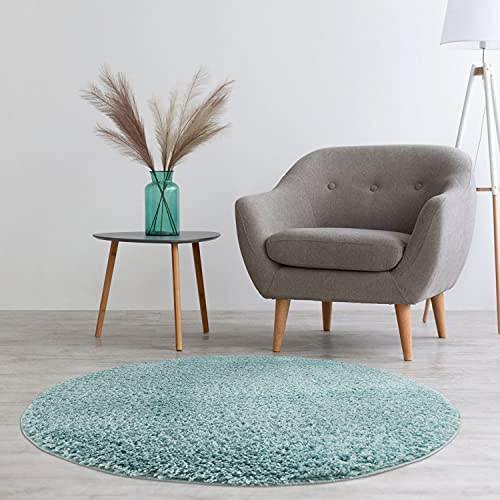 carpet city Hochflor Teppich Wohnzimmer - Einfarbig Blau - 200x200 cm Rund - Shaggyteppich Langflor Uni - Schlafzimmerteppich Flauschig Weich - Moderne Wohnzimmerteppiche