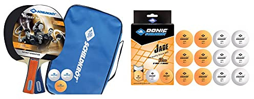 Donic-Schildkröt Tischtennis-Set Hobby, für 2 Spieler (2 Schläger, 3 Bälle), 788602 & Unisex – Erwachsene Tischtennisball Jade, Poly 40+ Qualität, 12 STK. im Polybag, 6 x weiß / 6X orange, M