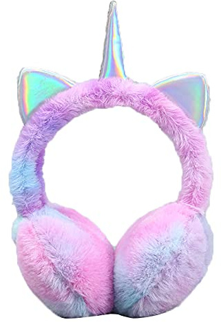 SEDEX Earmuffs for Girls Unicorn Ear Muff Winter Faux Fur Ear Warmers Adjustable Ear Cover with Cute Sequins Ears for Women Kids (Rainbow Colour-D)