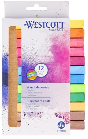 Westcott tiza 12 piezas de colores | paquete de 12 tizas de pizarra con 1,2cm ⌀ en colores brillantes | poco polvo y fácil de limpiar | 8,5cm de largo palos de tiza | E-744983 00