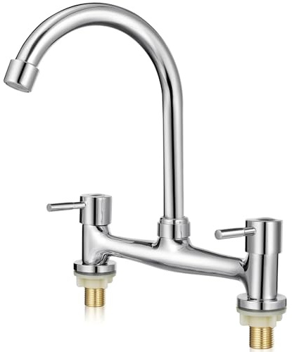 NULYLU Double Handle Kitchen Faucet Mixer Tap for Double Hole Sink Classic Silver Finish Hole Distance Home and Commercial Use