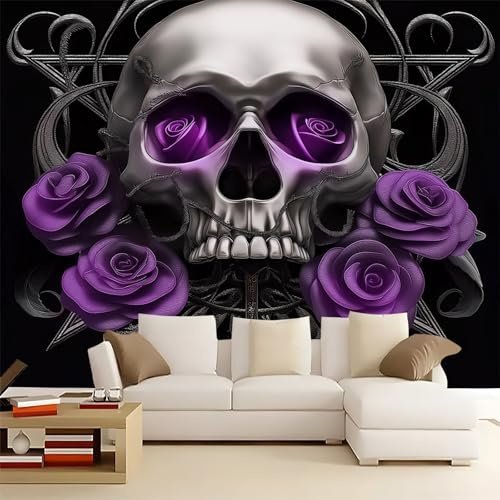 Gothic Skull and Roses Wall Mural 200x140 cm, Abstract Feature Wall Decor, Unpasted Non-Woven Wallpaper for Bedroom Office