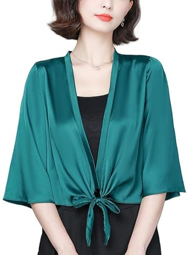 LIUYUYOUGO Cardigan Femme Boléro en Satin pour Femme Manches 3/4 Cardigan Noué sur Le Devant Col en V Veste Boléro en Satin De Soie Élégante Légère pour L'Été Chemisier Haut Robe Cache-Ép