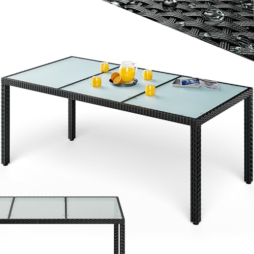 CASARIA® Mesa Jardín Exterior Poliratán 190x90x75 cm Resistente Intemperie Vidrio Seguridad 5 mm Altura Ajustable Terraza Balcón Patio Negro